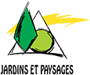 Logo Jardins et Paysages. Triangles vert foncé et vert clair, dans un style esquissé, représentant la nature sous un éclair jaune vif.